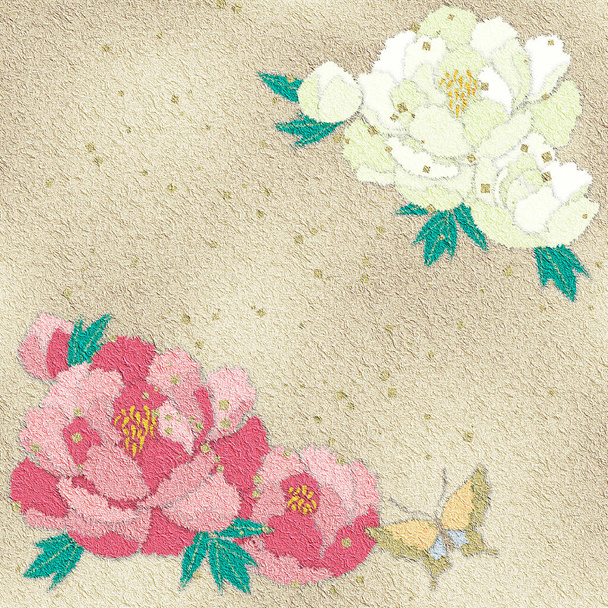 Peony flowers of japanese paper chigiri-e style illustration, copy space available - Fotoğraf, Görsel