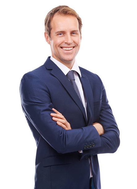 Portrait, mindset and mission with a business man in studio isolated on a white background standing arms crossed. Vision, future and growth with a male employee in a suit for corporate success. - Foto, Imagen