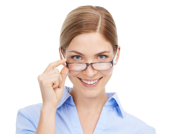 Business woman, smile portrait and glasses for eyes care, vision wellness and lenses frame. Happy, ophthalmology happiness and eye care, eyeglasses and employee optometry success in white background. - Foto, Imagen