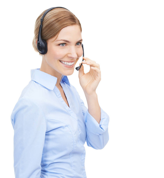 Customer service, face and woman at call center in studio isolated on a white background mock up. Crm, thinking and smile of happy female telemarketing worker, consultant or sales agent with headset - Photo, image