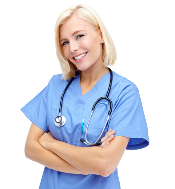 Woman, doctor and smile with arms crossed and stethoscope for healthcare against a white studio background. Portrait of a isolated female medical professional standing and smiling on white background. - Foto, Imagen