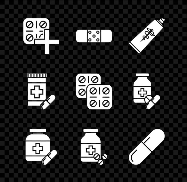 Набор таблетки в блистерной упаковке, пластырь пластырь, мазь крем трубки лекарства, таблетки пузырька лекарства, или таблетки, и значок. Вектор - Вектор,изображение