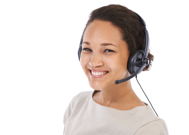 Crm, customer service and black woman portrait for contact us call center with a happy smile. White background, isolated studio and woman employee with headset ready for customer support work. - Photo, Image