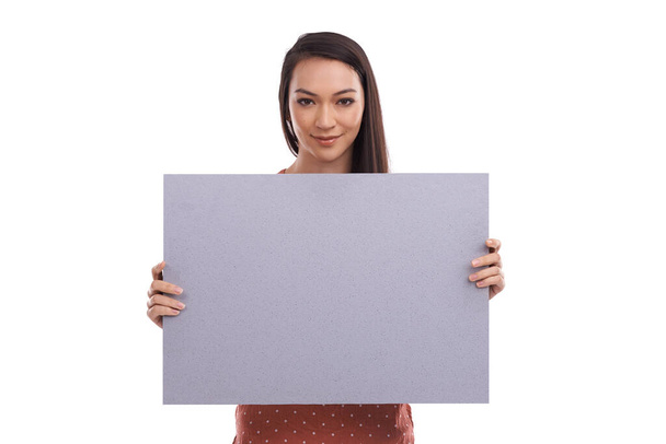 Portrait, poster and mockup with a woman in studio isolated on a white background for advertising or marketing. Billboard, branding and product placement with black space for news or an announcement. - Foto, Imagen