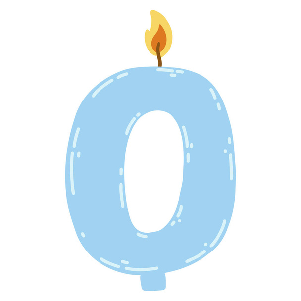 Candle number zero in flat style. Hand drawn vector illustration of 0 symbol burning candle, design element for birthday cakes. - Vektor, obrázek