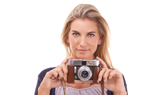 Happy, portrait and woman with a vintage camera in studio for classic, retro and creative photoshoot. Photography, beauty and female photographer from Australia by white background with mockup space - Fotografie, Obrázek