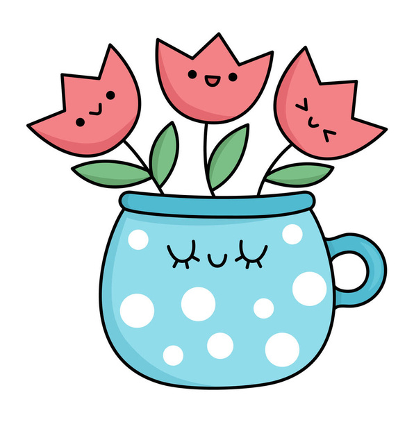 Vector kawaii pot with tulips icon for kids. Cute Easter symbol illustration. Funny cartoon character. Adorable spring clipart with smiling cup and first flower bouque - Vetor, Imagem