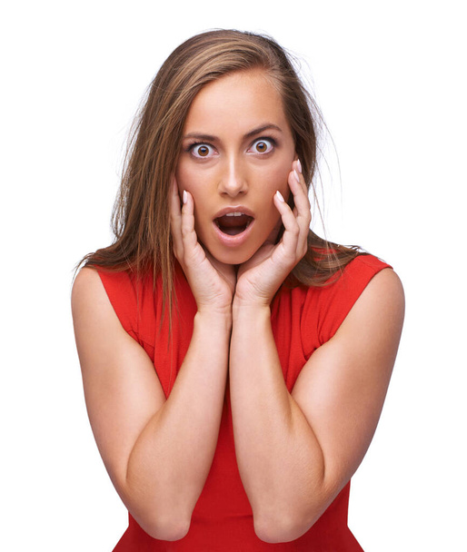 Woman, portrait and shocked or surprise with wow or open mouth reaction while isolated on white background. Face of female with omg emoji for fake news, sale announcement or gossip in studio. - Fotografie, Obrázek