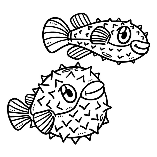 Симпатичная и забавная страница раскраски детеныша рыбы-фугу. Обеспечивает детям часы раскрашивания. Цвет, эта страница очень проста. Подходит для маленьких детей и малышей. - Вектор,изображение