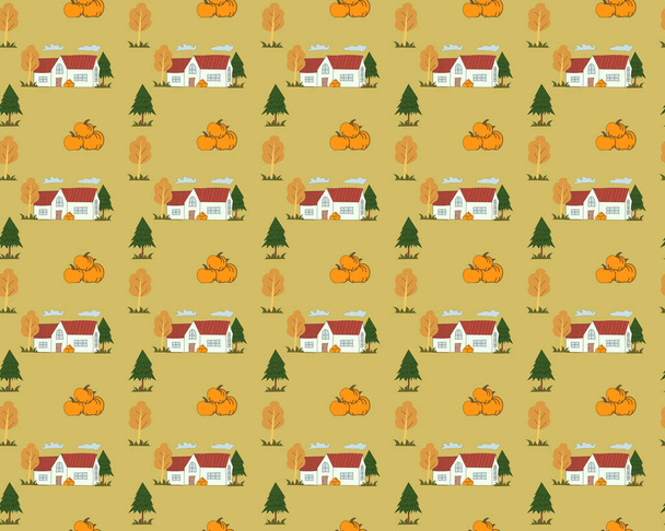 Autumn seamless pattern with grass, two types of trees, farm house and halloween pumpkins vector - Vektor, Bild