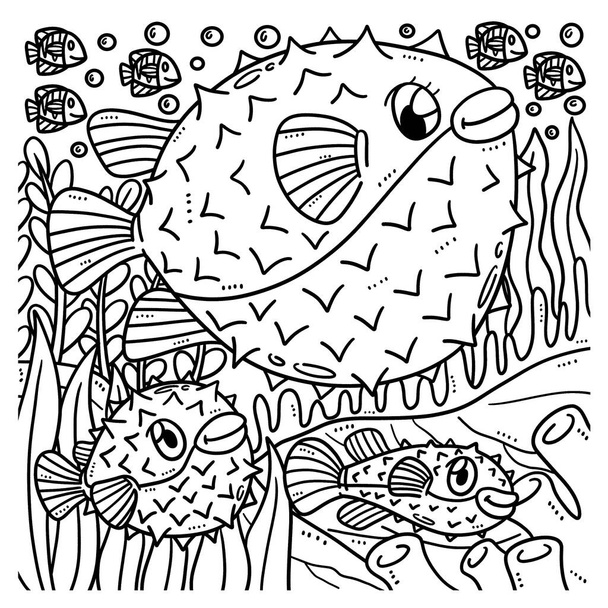 A cute and funny coloring page of a Mother Pufferfish and Baby Pufferfish. Provides hours of coloring fun for children. Color, this page is very easy. Suitable for little kids and toddlers. - Vector, Image