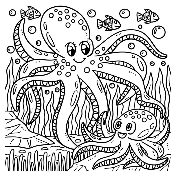 A cute and funny coloring page of a Mother Octopus and a Baby Octopus. Provides hours of coloring fun for children. Color, this page is very easy. Suitable for little kids and toddlers. - Vektor, obrázek