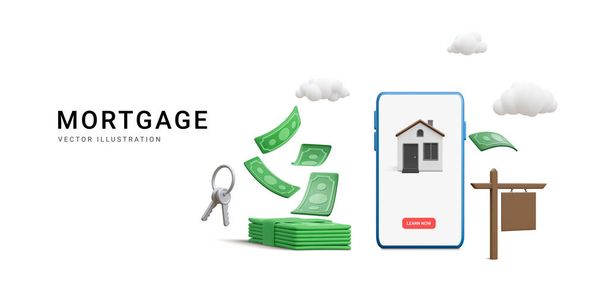 3D ρεαλιστική έννοια αγορά σπίτι με υποθήκη και την καταβολή πίστωσης στην τράπεζα. Στεγαστικό δάνειο, ενοίκιο και ενυπόθηκο δάνειο. Επενδύστε χρήματα σε ακίνητα σε στυλ κινουμένων σχεδίων. Εικονογράφηση διανύσματος. - Διάνυσμα, εικόνα