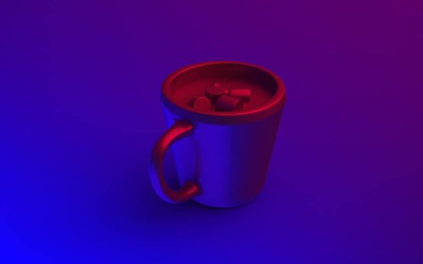Πολυτελές στυλ νέον φως σε μπλε κόκκινο και μοβ χρώμα εικόνα του φλιτζάνι ζεστά ροφήματα καφετέρια και εστιατόριο adv έτοιμη χρήση ισομετρική 3d εικόνα - Φωτογραφία, εικόνα