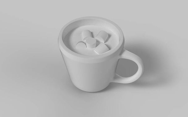 White colour isolated 3d illustration of cup with hot drink coffee tea or cocoa with sweet marshmallows cut out use ready front camera view - Foto, Imagen