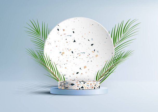 3D realistic modern top of terrazzo blue and white cylinder podium with circle backdrop terrazzo surface decoration palm leaves on blue scene background. Product display for cosmetic, showroom, showcase, presentation, etc. Vector illustration - Vector, Image