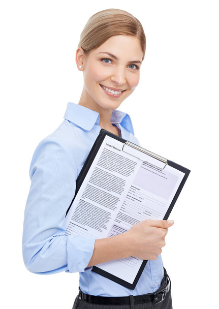 Business woman, portrait and contract clipboard on isolated white background for cv review, recruitment or job interview. Smile, happy or human resources worker with paper documents for we are hiring. - Photo, image
