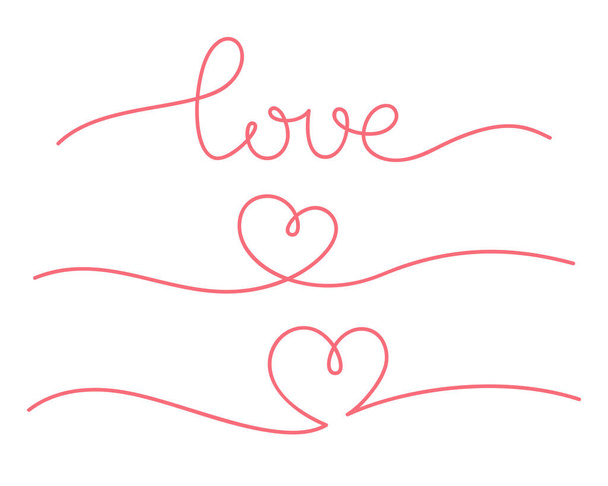 Lettering text love and heart. Set of romantic decorative vector elements hand drawn in one line. Line art isolated on white background - Wektor, obraz