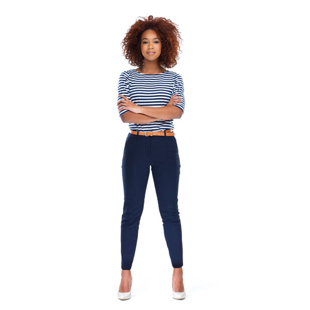 Portrait, arms crossed and black woman standing on white background, studio or isolated pose. Female model, trendy fashion and casual outfit style with afro, motivation and confidence for empowerment. - Φωτογραφία, εικόνα