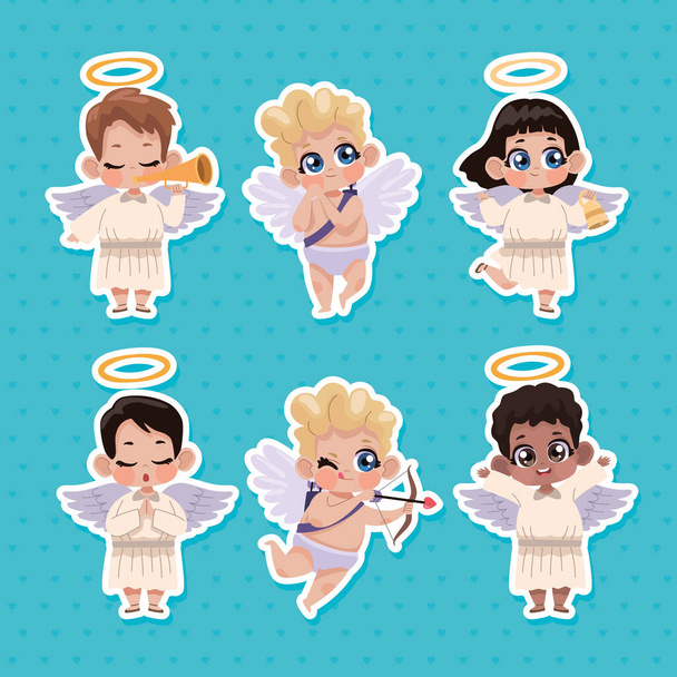 шесть персонажей группы ангелов-купидонов - Вектор,изображение