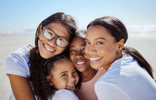 Black family, summer and kids portrait at ocean with mom enjoying USA vacation in sunshine. Love, care and happy family hug together with joyful smile on holiday break at sunny beach - Foto, afbeelding