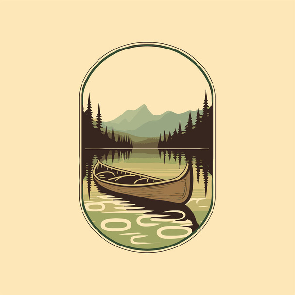 vector canoe mountain lake adventure badge logo vintage style, icon symbol - Vettoriali, immagini