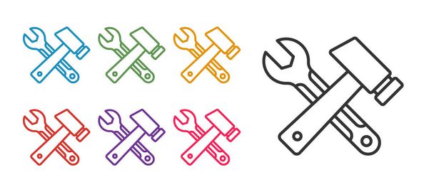 Set line Crossed hammer and wrench spanner icon isolated on white background. Hardware tools. Set icons colorful. Vector - Wektor, obraz