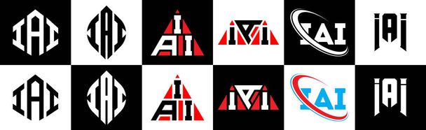 IAIの手紙のロゴデザイン6スタイルで。AI多角形、円、三角形、六角形、フラットと黒と白の色のバリエーション文字のロゴが1つのアートボードに設定されているシンプルなスタイル。AIミニマリストと古典的なロゴ - ベクター画像