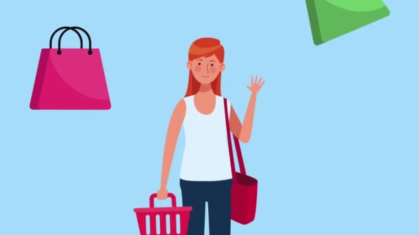 γυναίκα με καλάθι αγορών με τσάντες για ψώνια, 4k βίντεο κινούμενα - Πλάνα, βίντεο