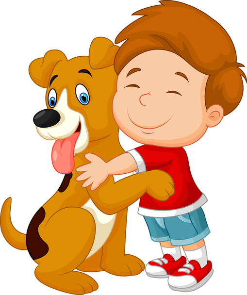 Gelukkige jongen cartoon liefdevol knuffelen zijn huisdier hond - Vector, afbeelding
