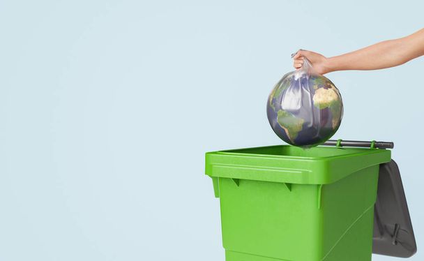 Έννοια 3D απόδοση των καλλιεργειών αγνώριστη θηλυκή ρίψη Γη σφαίρα που καλύπτεται με πλαστική σακούλα σε πράσινο δοχείο αποβλήτων κατά χλωμό μπλε φόντο - Φωτογραφία, εικόνα