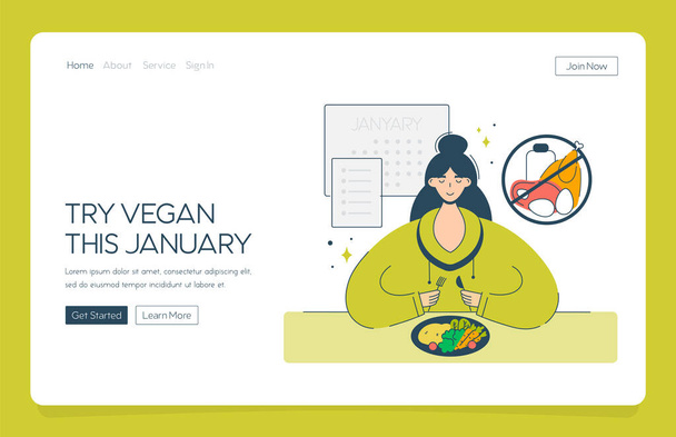 Щаслива жінка з веб-додатків починає вегетаріанську дієту в січні. Концепція веганства, веганський щорічний виклик заохочує людей дотримуватися веганського способу життя.. - Вектор, зображення