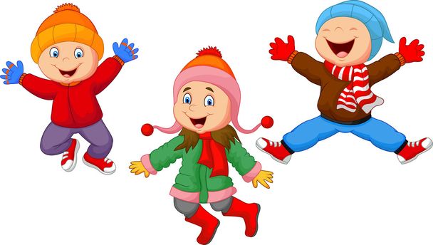 Bambini dei cartoni animati che saltano insieme in inverno
 - Vettoriali, immagini