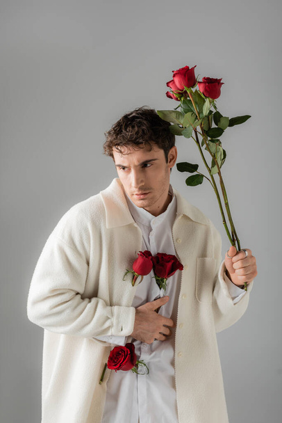 trendy man in white soft jacket holding red roses and looking away isolated on grey - Фото, зображення