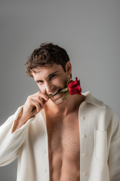 sexy man in white jacket on shirtless body holding red rose in teeth while looking at camera isolated on grey - Foto, Imagem