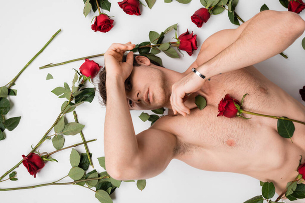 top view of sexy muscular man obscuring face and looking at camera near red roses on white background - Foto, Imagen