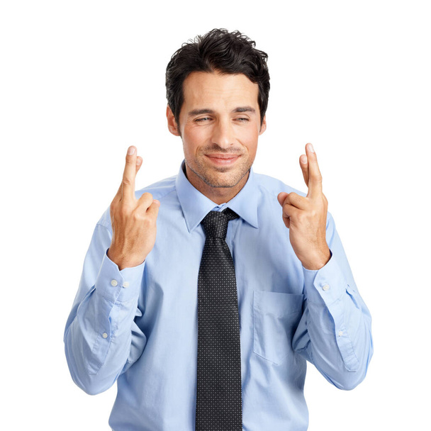 Businessman hands, hope and fingers crossed on studio background mockup in new job or employment opportunity. Expression, nervous and luck hand gesture for worker anxiety, nervous or positive change. - Photo, Image