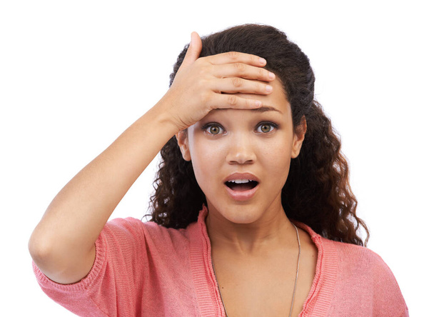 Portrait of black woman with shock and hand on head in disbelief isolated on white background. Stress, surprise and shocked woman with worry and anxiety, confused while holding forehead in studio - Foto, afbeelding