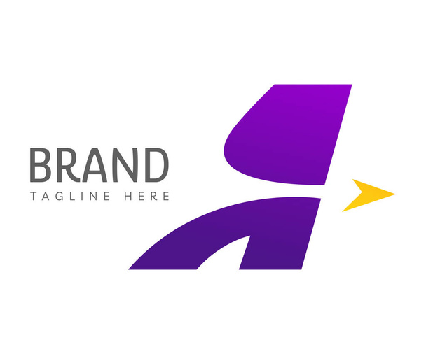 文字ロゴアイコンデザインテンプレート要素。紫色の初期文字Aと黄色の矢印アイコンと創造的なロゴ。ブランディング、ビジネス、交通機関のロゴに使用できます. - ベクター画像