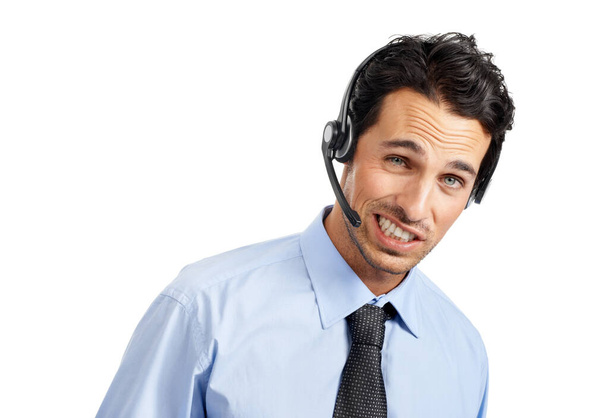 Call center, oops face or funny man consulting on contact us CRM, telemarketing or telecom communication. Business portrait, customer service or customer support consultant talking about a mistake. - Fotó, kép