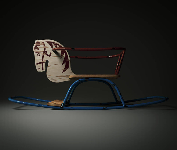 Винтажный ретро-качалка лошадь сидения игрушка из железа баров и дерева на изолированном темном фоне студии - 3D рендеринг - Фото, изображение
