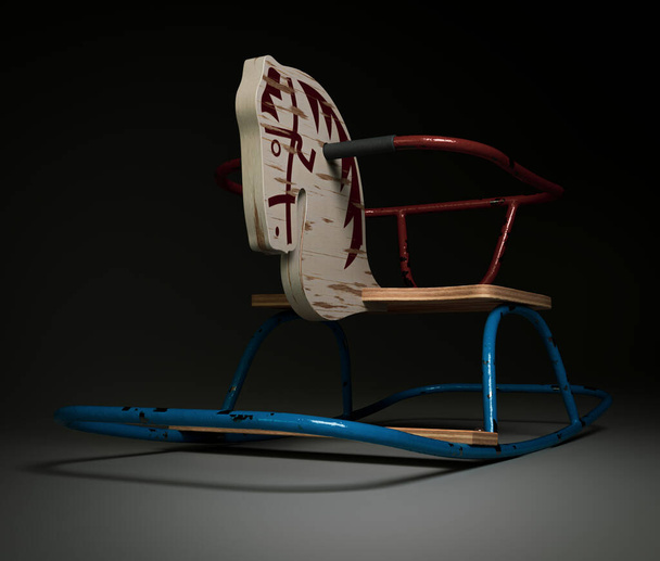A vintage retro rocking horse seating toy made of iron bars and wood on an isolated dark studio background - 3D render - Photo, image
