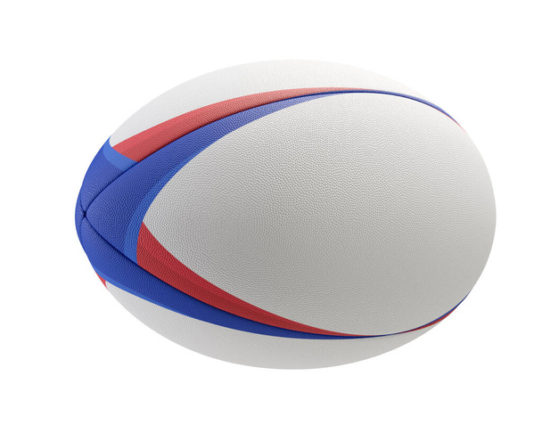 Ein weißer strukturierter Rugby-Ball mit farbigen Design-Elementen auf isoliertem Hintergrund - 3D-Renderer - Foto, Bild