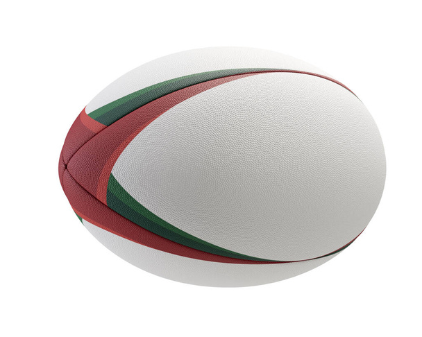 Μια λευκή μπάλα ράγκμπι με χρωματιστά στοιχεία σχεδιασμού σε απομονωμένο φόντο - 3D render - Φωτογραφία, εικόνα