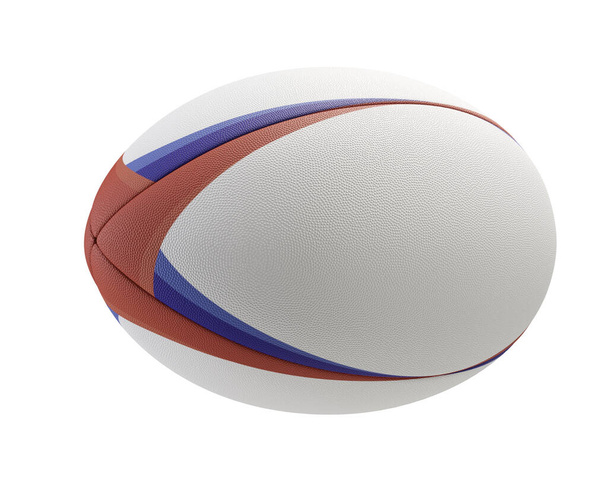 Una pelota de rugby de textura blanca con elementos de diseño de color sobre un fondo aislado - 3D render - Foto, imagen