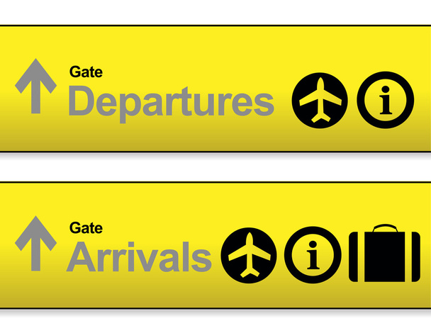 Gelbe Flughafenschilder für Ankunft und Abflug - Foto, Bild