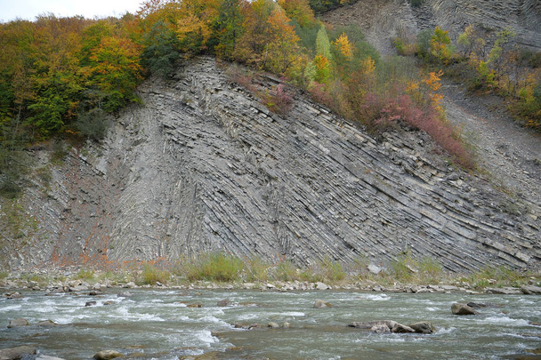 Prut river and mountain folds in Yaremche, Ukraine, known as Yaremche folds - biggest outcrop of Stryi formation in Europe. Here rocks of this formation are folded and faulted, gothic or chevron types - Photo, Image