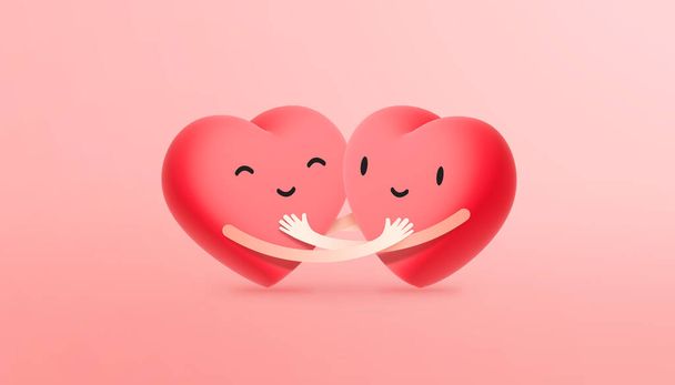 Two smile cute hearts and hugging on pink background. 3D illustration. - Foto, Imagem
