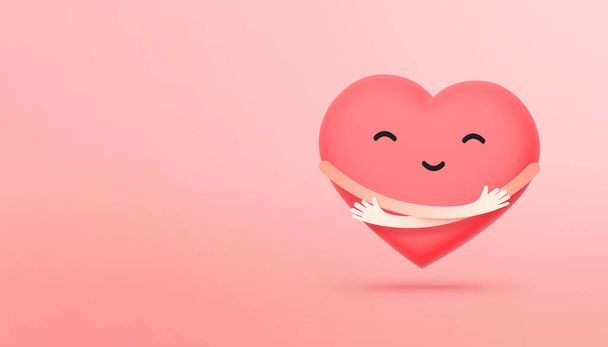 Cute single heart hug itself. Arms wrapped around a heart. Love yourself and happy Valentine's day concept. 3d illustration. - Foto, Imagem