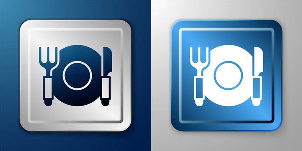 White Plate, fork and knife icon isolated on blue and grey background. Cutlery symbol. Restaurant sign. Silver and blue square button. Vector - Vektor, kép